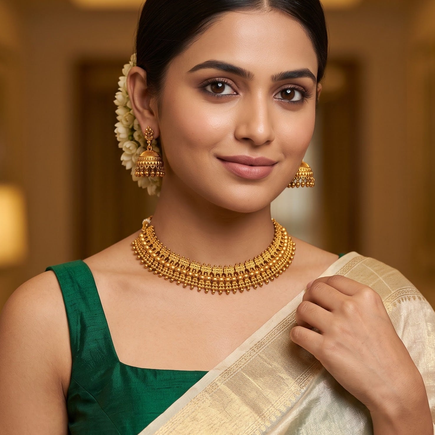 Ira Temple premium antique gold choker necklace featuring a broad central triple layered track of micro granulated hasli beads with red kemp accents and matching dome jhumka earrings