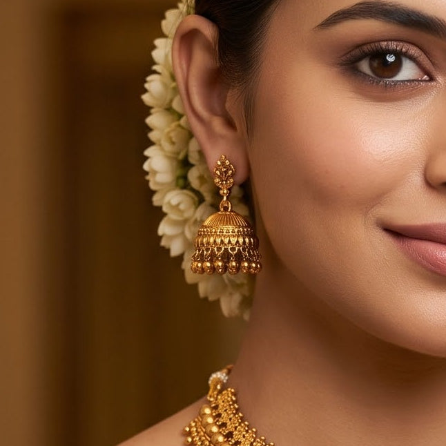 Ira Temple premium antique gold choker necklace featuring a broad central triple layered track of micro granulated hasli beads with red kemp accents and matching dome jhumka earrings
