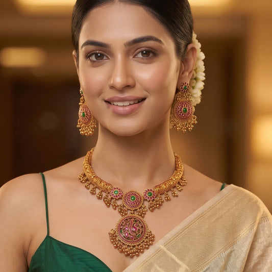 Sanvi Hasli Temple Necklace Set - Pink & Green