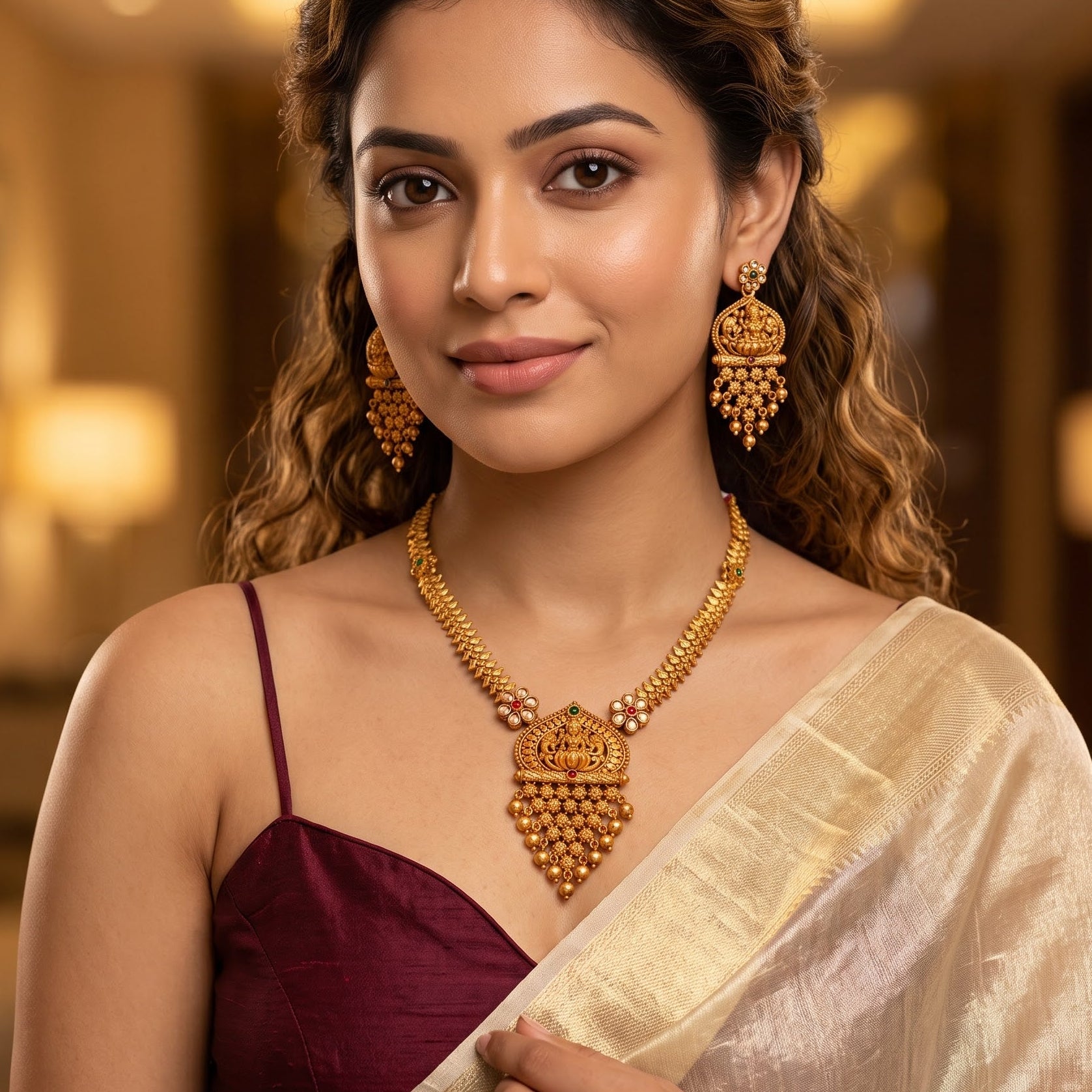 Swarna Temple premium antique gold long necklace set featuring a link strand with a large shield pendant showing goddess lakshmi and peacock motifs and matching tiered drop earrings