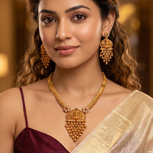 Swarna Long Temple Necklace Set - Pink & Green