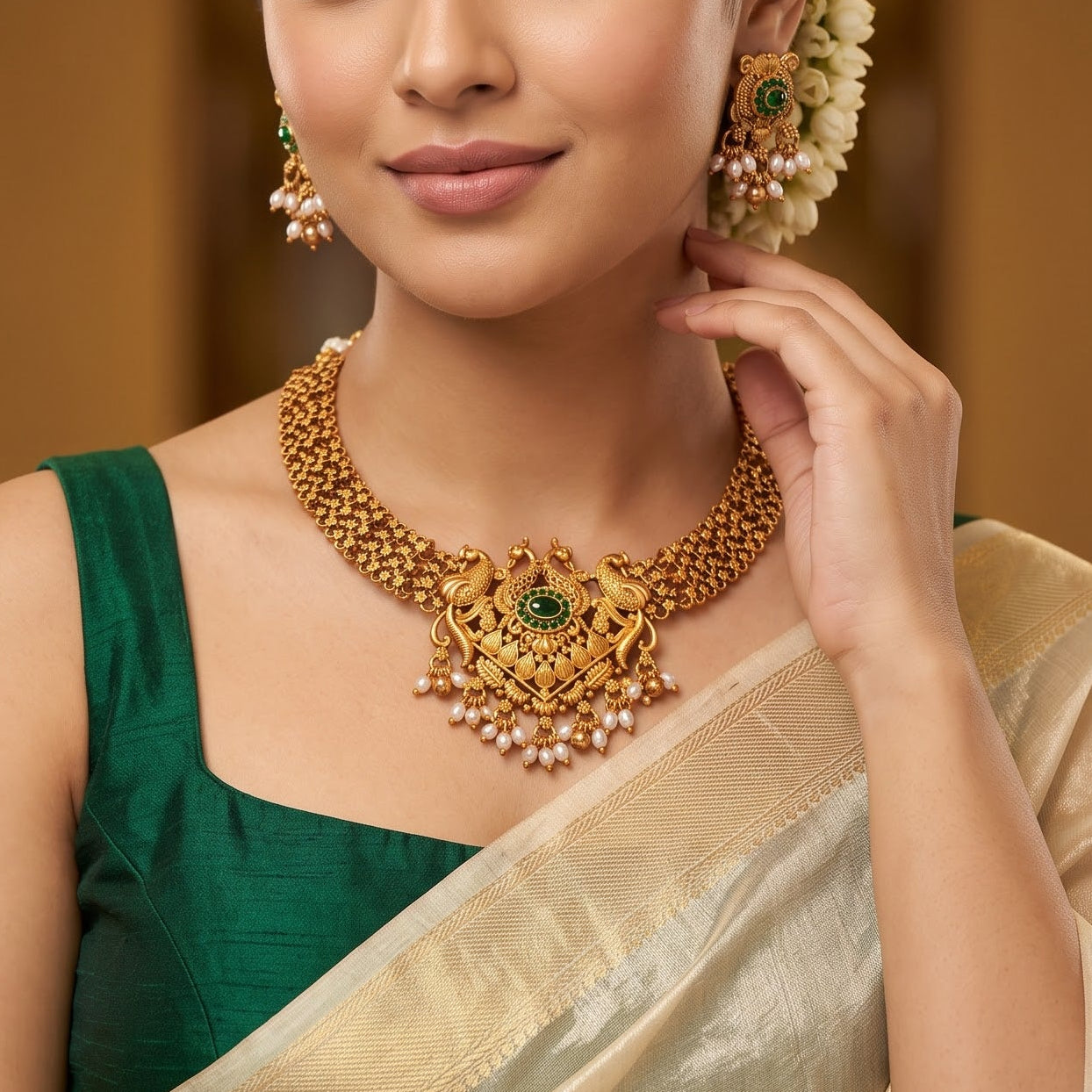 Myra Temple premium antique gold choker necklace featuring a broad double strand beaded hasli track a central chevron shaped pendant encrusted with an emerald green stone twin peacocks a micro pearl fringe and matching drop earrings