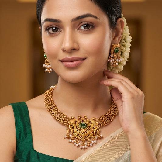 Myra Peacock Temple Necklace Set - Gold & Green
