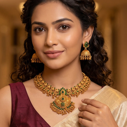 Nyra Peacock Temple Necklace Set - Gold & Green