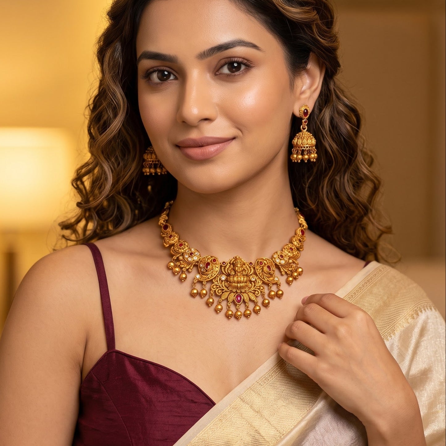 Mrinalini Lakshmi Temple premium antique gold choker necklace set featuring a rigid band with embossed goddess and peacock motifs clear pink kemp stones and matching dome jhumka earrings