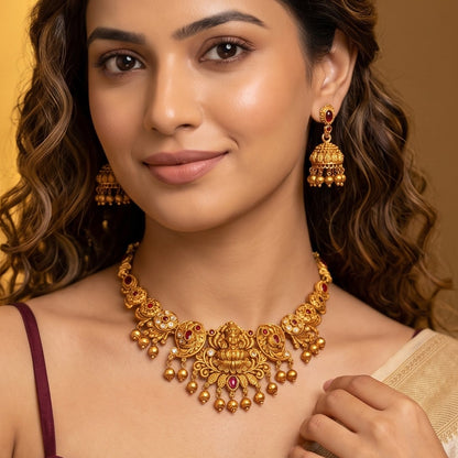 Mrinalini Lakshmi Temple Necklace Set - Gold & Pink
