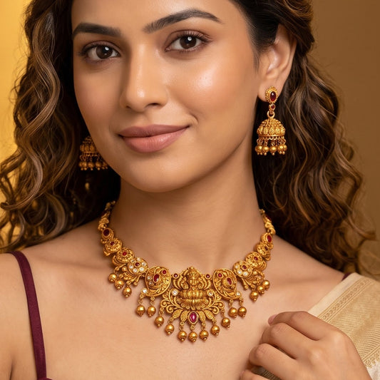 Mrinalini Lakshmi Temple Necklace Set - Gold & Pink