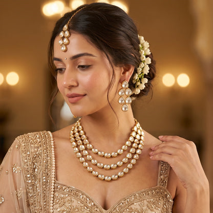 Golden Himakshi Triple Layer Kundan Necklace Set