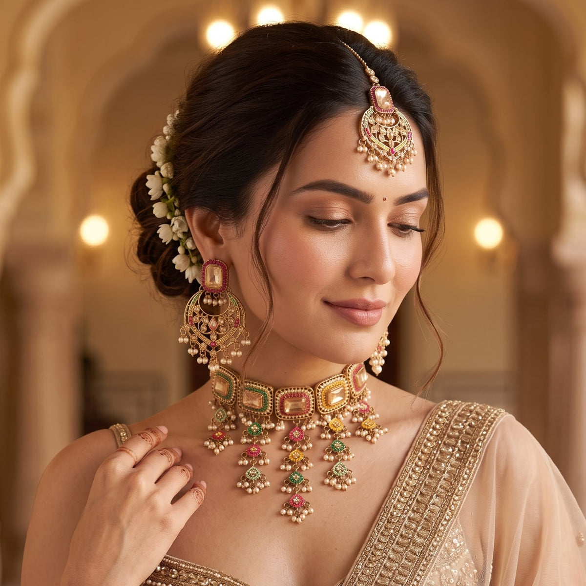 Miraj Jadau Reverse AD Necklace Set - Multi