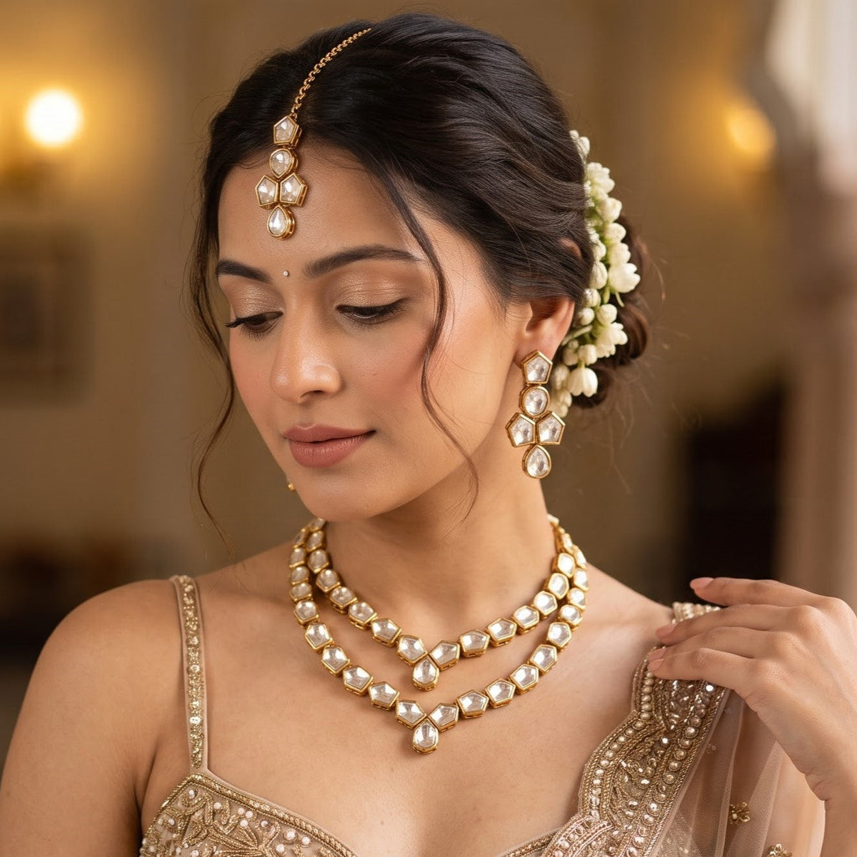 Golden Apeksha Double Layer Uncut Kundan Necklace Set