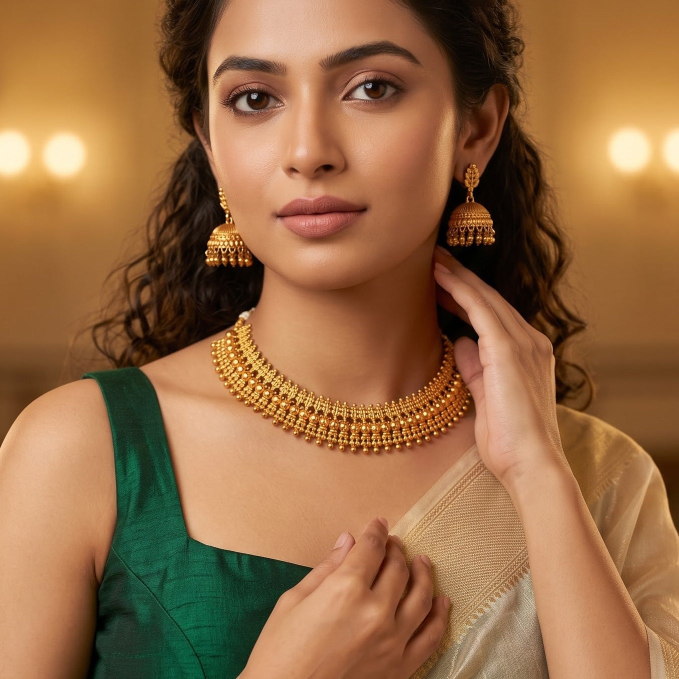 Ira Temple premium antique gold choker necklace featuring a broad central triple layered track of micro granulated hasli beads with red kemp accents and matching dome jhumka earrings