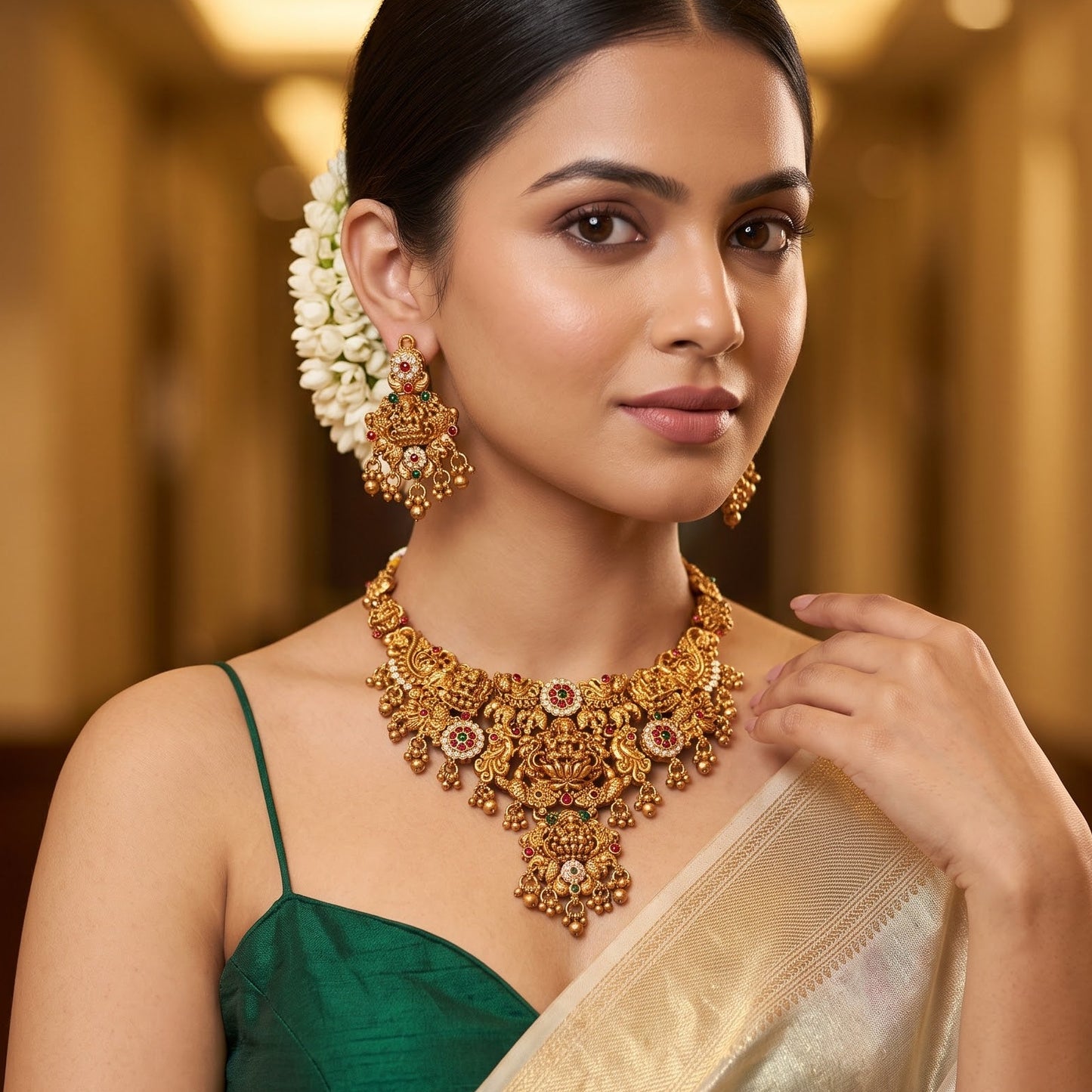 Avani Temple premium antique gold choker necklace featuring a broad central stacked pendant encrusted with pink and green kemp stones twin peacocks a gold ghungroo fringe and matching dome jhumka earrings