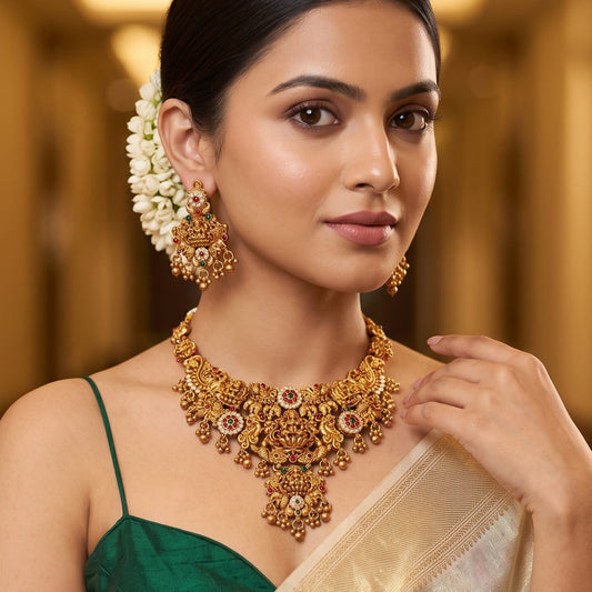 Avani Lakshmi Temple Necklace Set - Pink & Green
