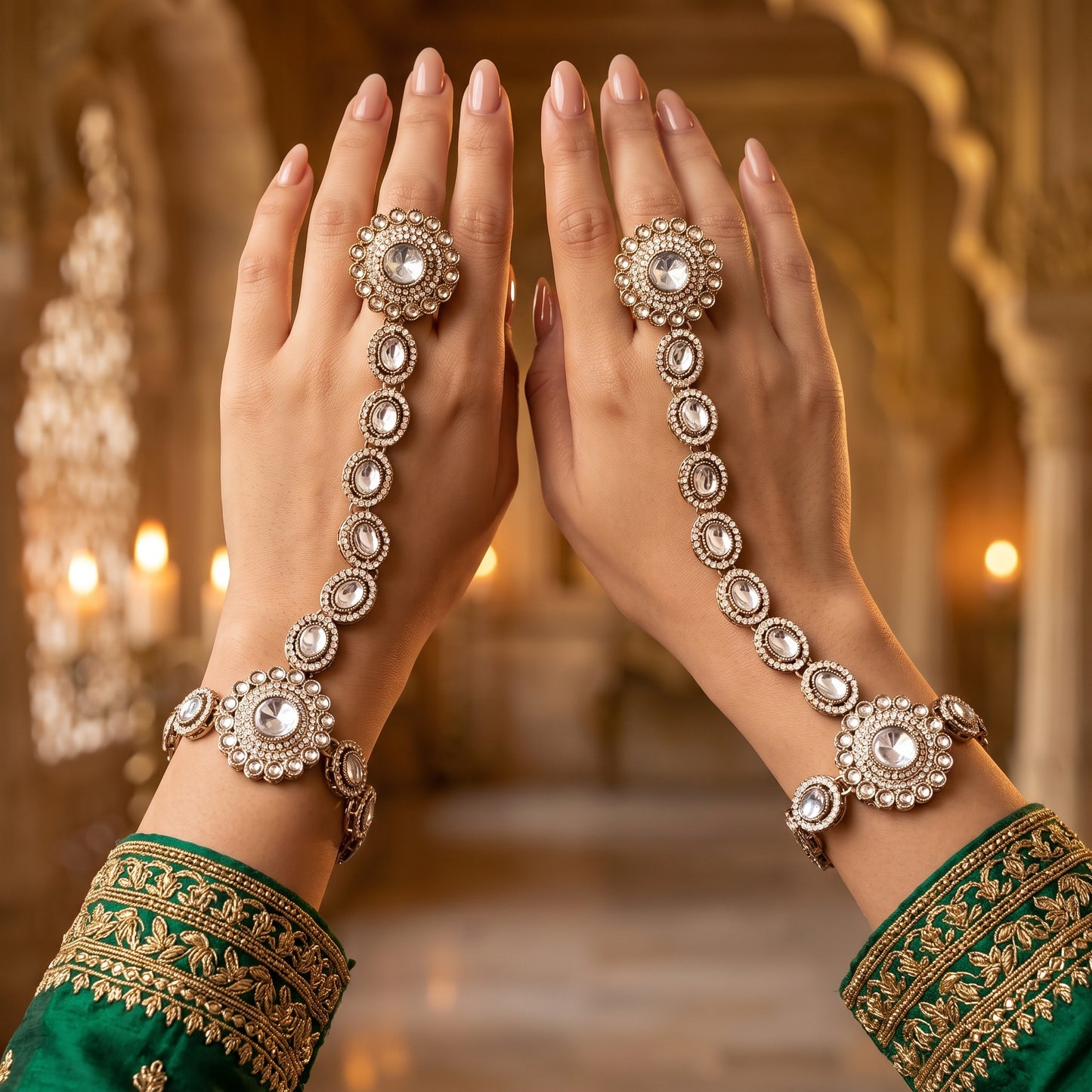 premium antique gold kundan haathphool pair featuring circular flower rosette rings linked vertical almond stone tracks and matching clear crystal wrist medallion bracelets