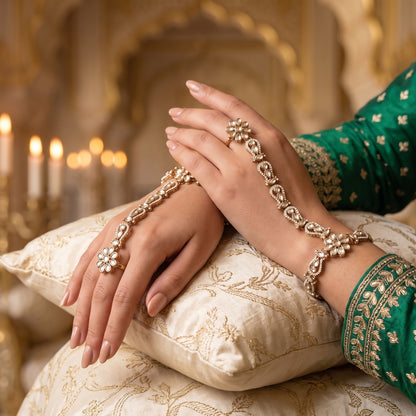 premium antique gold kundan haathphool pair featuring circular flower rosette rings linked vertical almond stone tracks and matching clear crystal wrist medallion bracelets