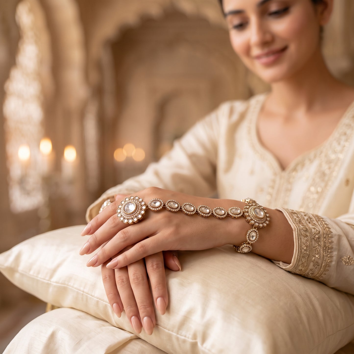 Mirana Premium Kundan Haathphool - Golden (Pair)