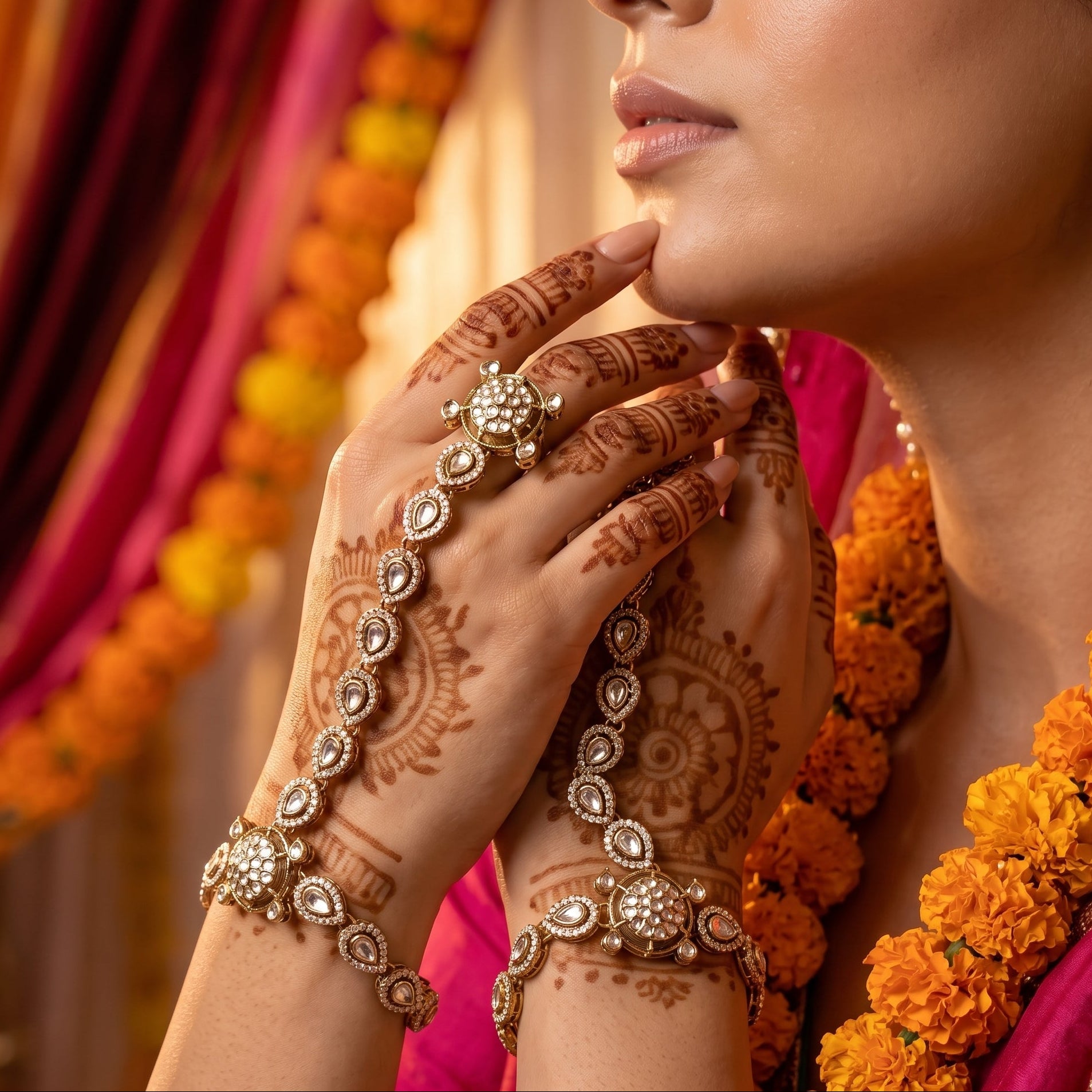 premium antique gold kundan haathphool pair featuring circular flower rosette rings linked vertical almond stone tracks and matching clear crystal wrist medallion bracelets