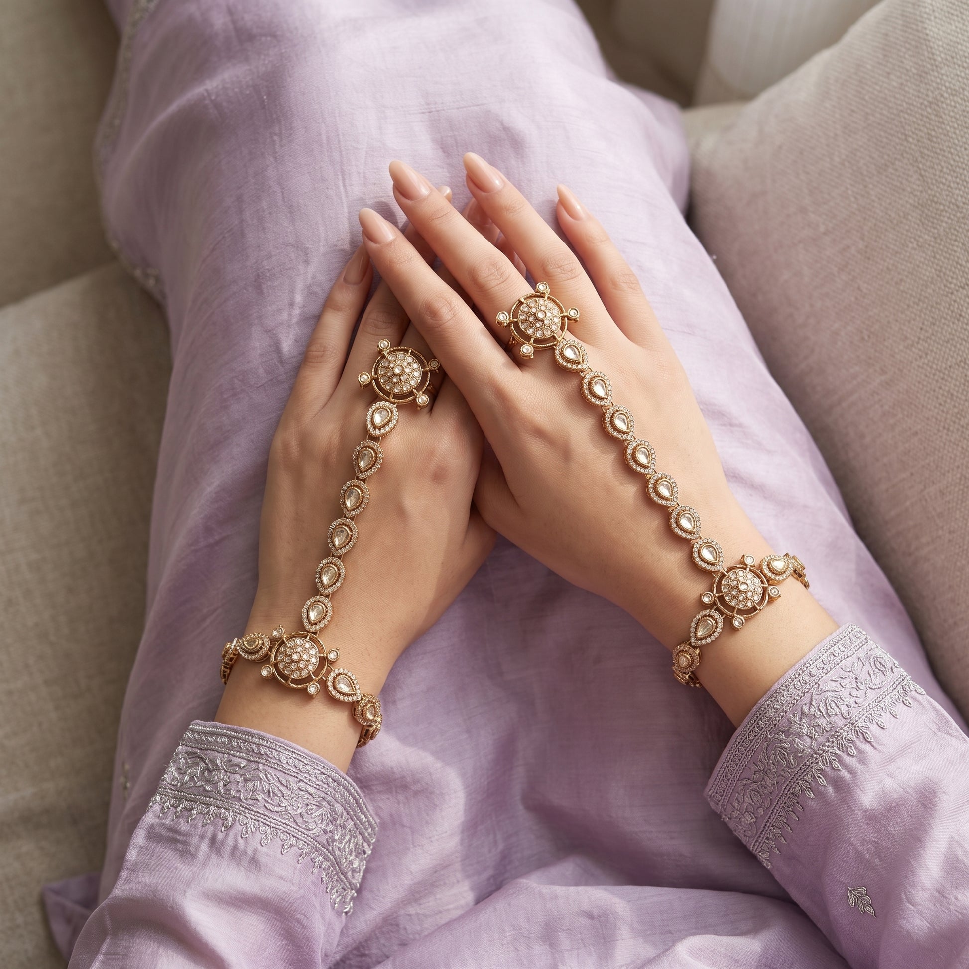 premium antique gold kundan haathphool pair featuring circular flower rosette rings linked vertical almond stone tracks and matching clear crystal wrist medallion bracelets