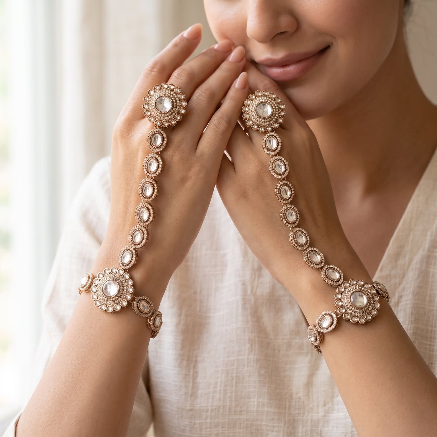 premium antique gold kundan haathphool pair featuring circular flower rosette rings linked vertical almond stone tracks and matching clear crystal wrist medallion bracelets