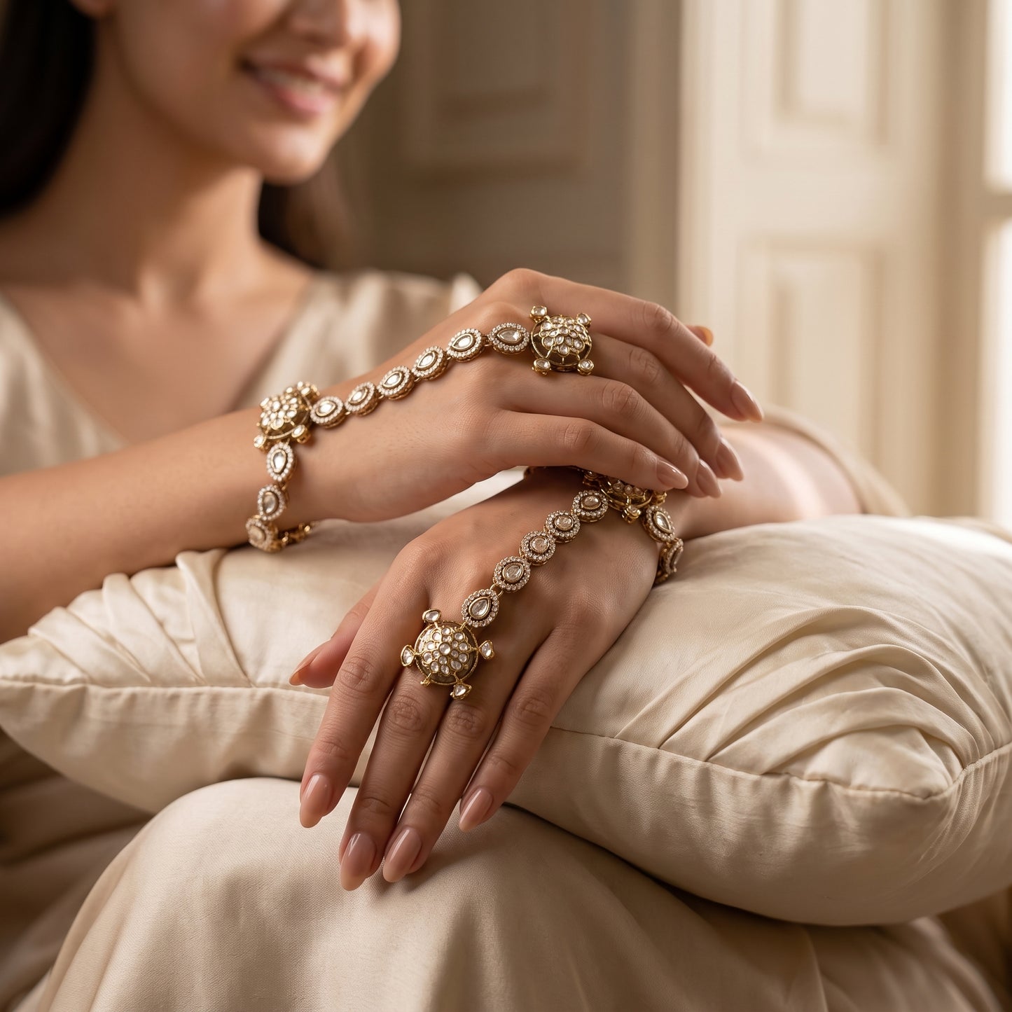 Anushka Premium Golden Kundan Haathphool (Pair)