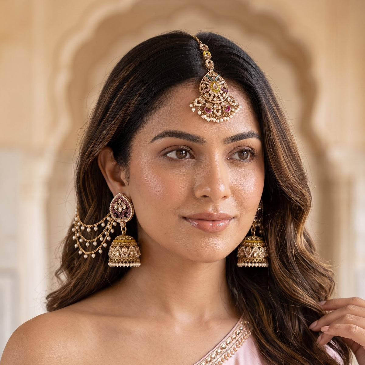 Dhriti Reverse AD Jadau Jhumka with Sahara & Teeka- Multi