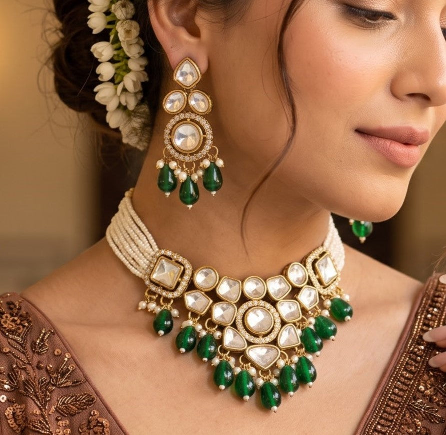 Emerald Green Sarahna Uncut Kundan Necklace Set