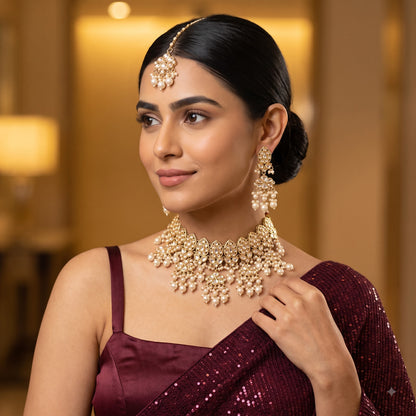 Beautiful Indian bridal model with a sleek center parted hair layout wearing a traditional gold kundan and pearl cluster wedding choker necklace set paired with a champagne taupe shimmer saree