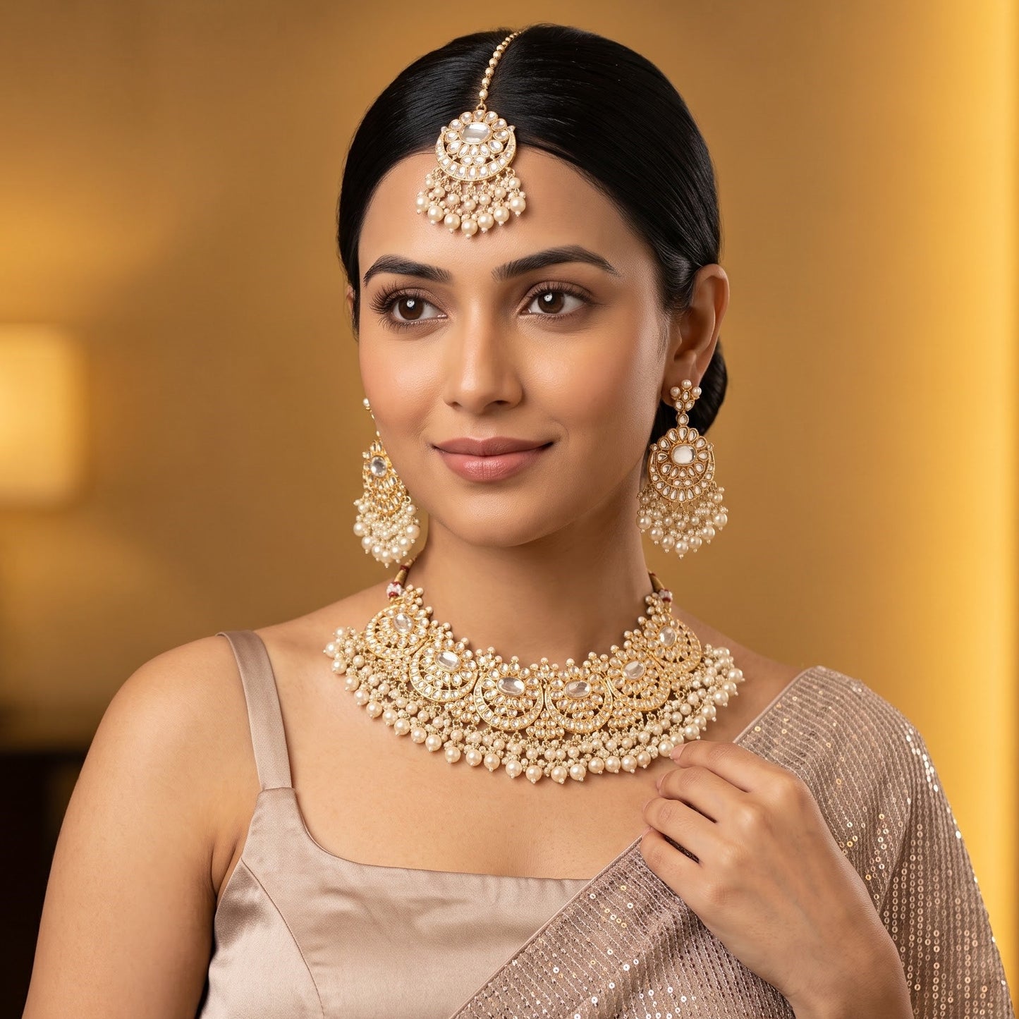 Afreen premium antique gold kundan broad choker necklace set featuring a linear linked tracking of crescent chandbali medallions dense white cluster pearl fringes matching chandelier earrings and maang tikka