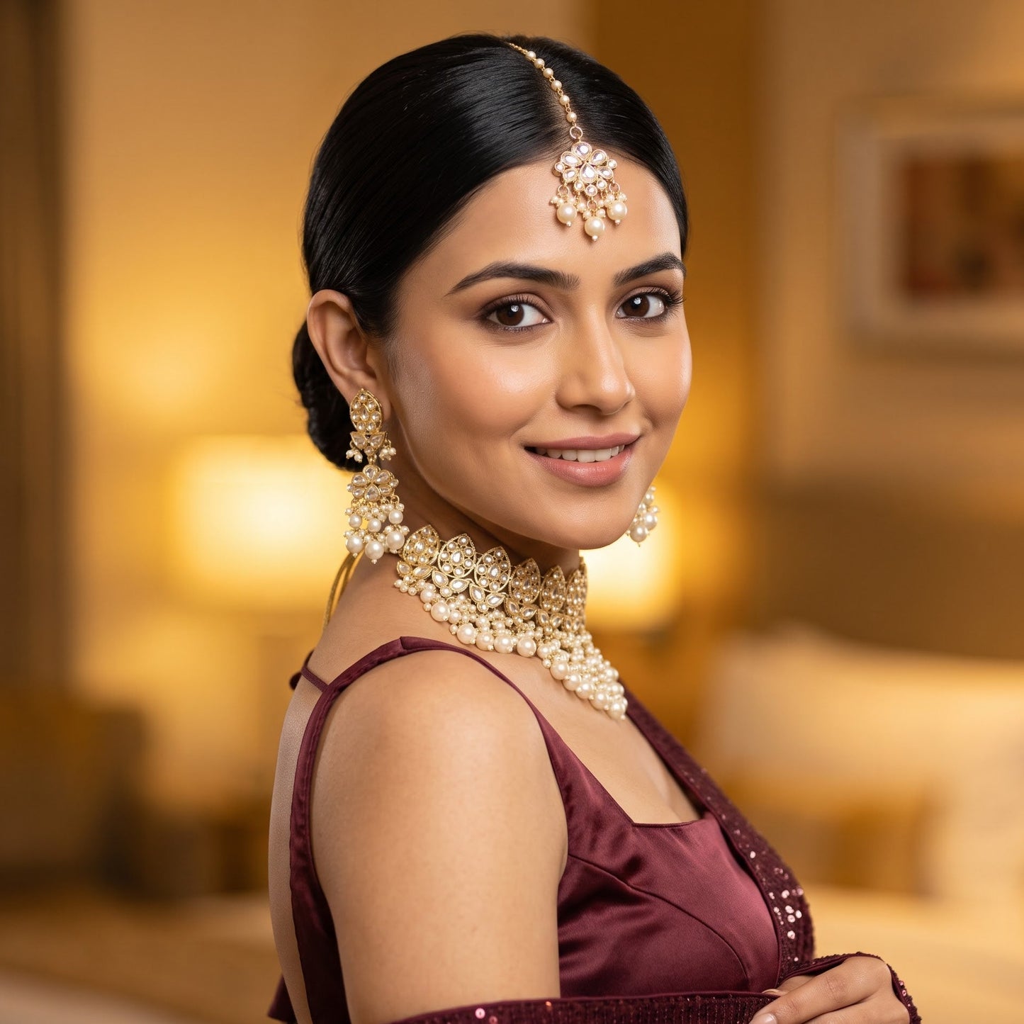 Beautiful Indian bridal model with a sleek center parted hair layout wearing a traditional gold kundan and pearl cluster wedding choker necklace set paired with a champagne taupe shimmer saree