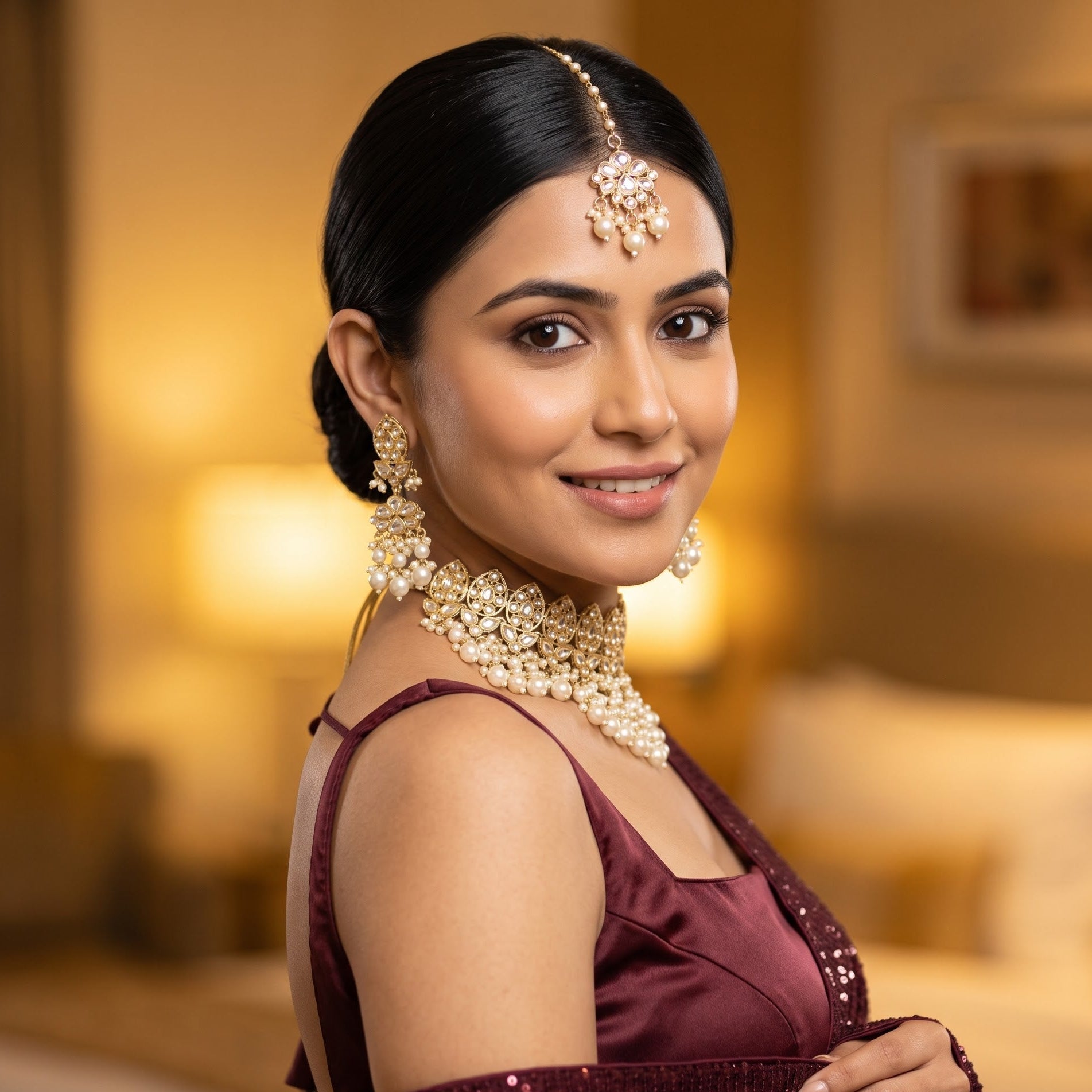 Beautiful Indian bridal model with a sleek center parted hair layout wearing a traditional gold kundan and pearl cluster wedding choker necklace set paired with a champagne taupe shimmer saree