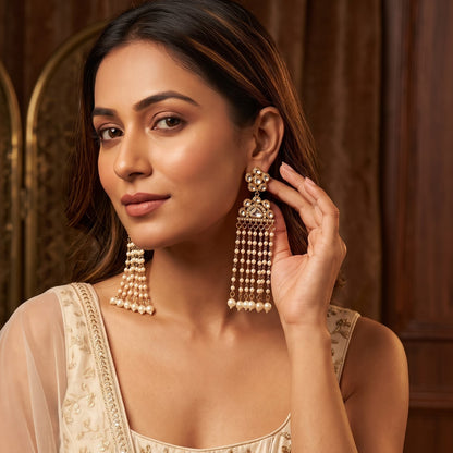 Nazar Kundan Dangler Earrings - Golden/Ivory