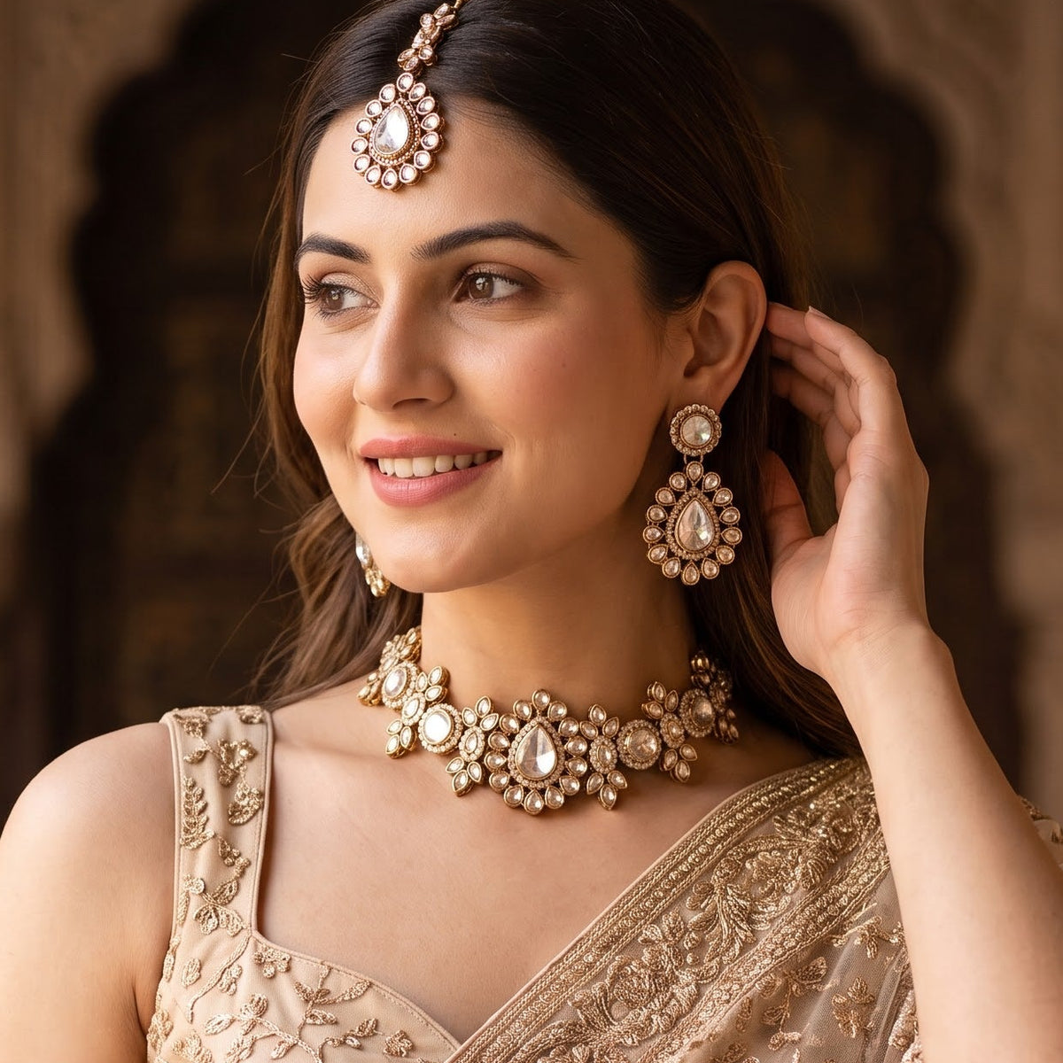 Israt Kundan Choker Necklace Set - Golden