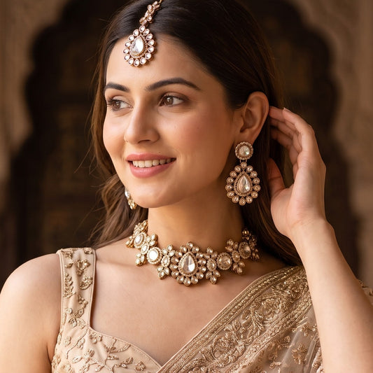 Israt Kundan Choker Necklace Set - Golden