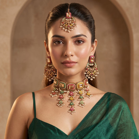 Miraj Jadau Reverse AD Necklace Set - Multi