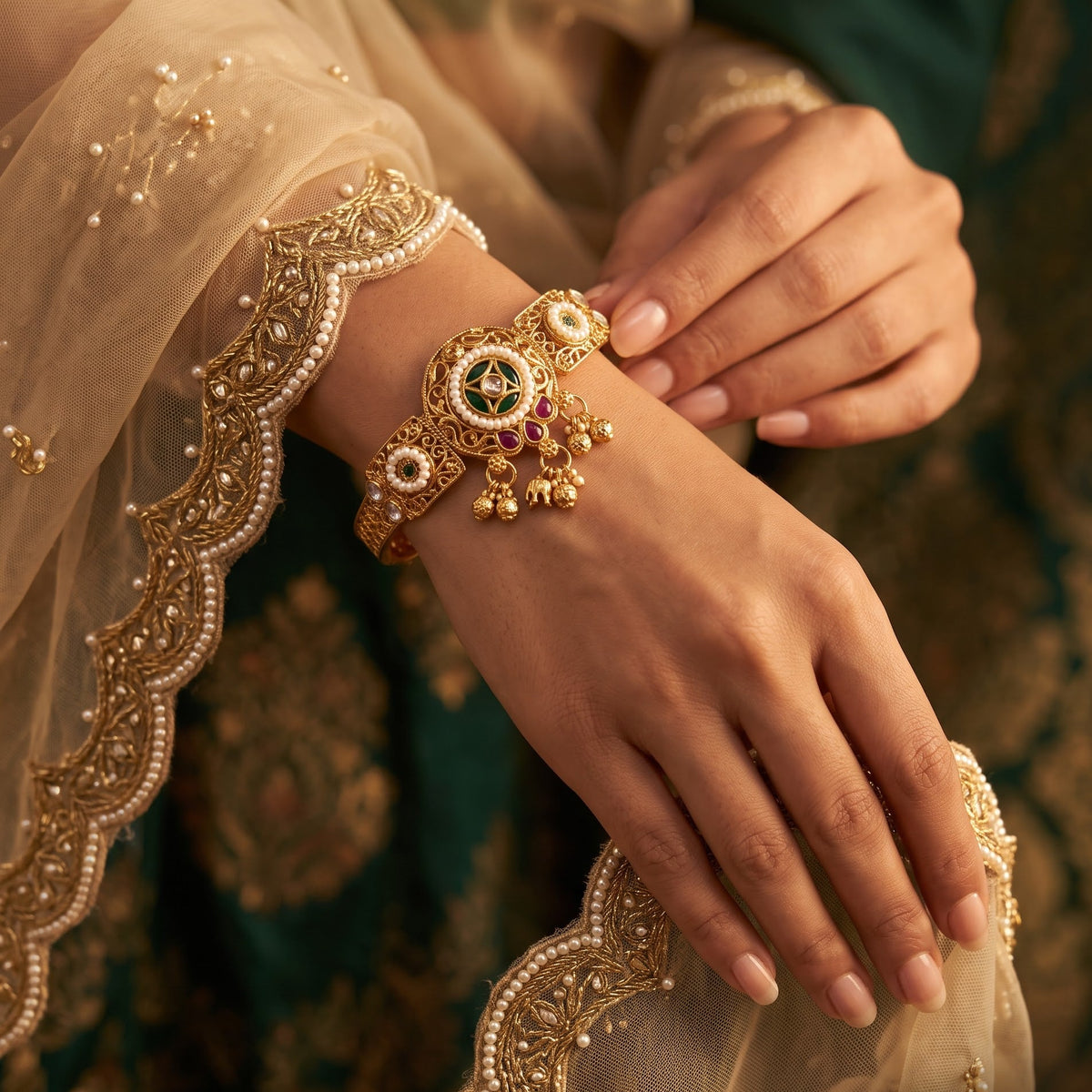 Green Sanaya Kashmiri Ghungroo Adjustable Bracelet