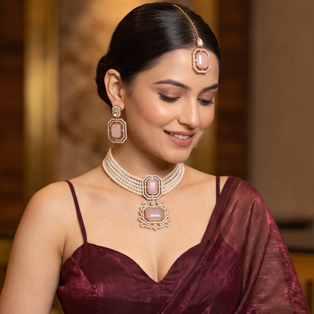 Ishki premium antique gold kundan broad choker necklace set featuring a central square pastel pink stone medallion multi strand woven white pearl bands and matching tiered drop earrings and maang tikka