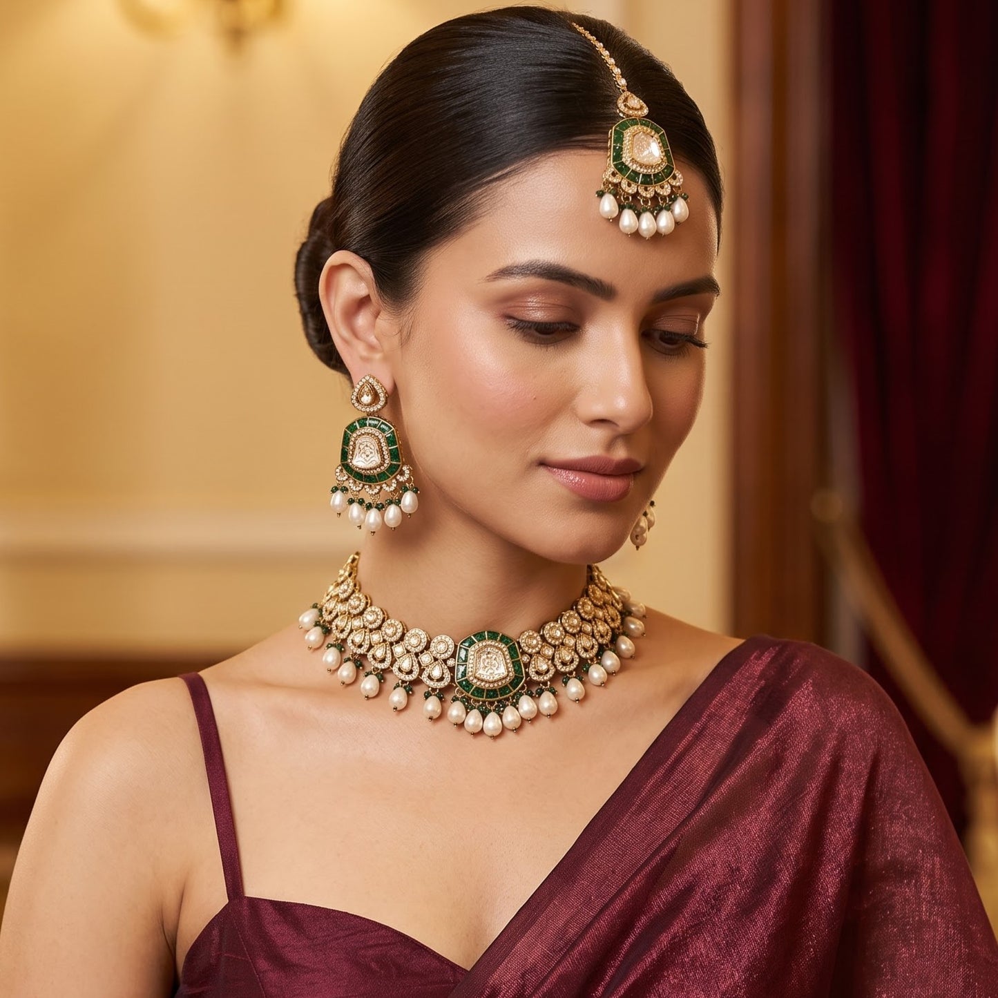 Tanishka Polki Premium Necklace Set - Green