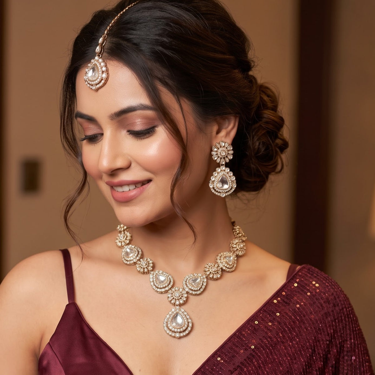 Golden Tanvi Polki Look Alike Designer Kundan Necklace Set
