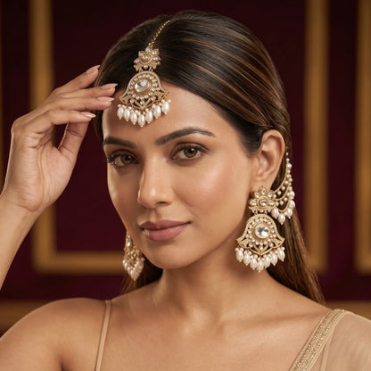 Harshita Pearl Kundan Chandbali Earrings with Detachable Sahara/Earchains and Teeka Set - Golden