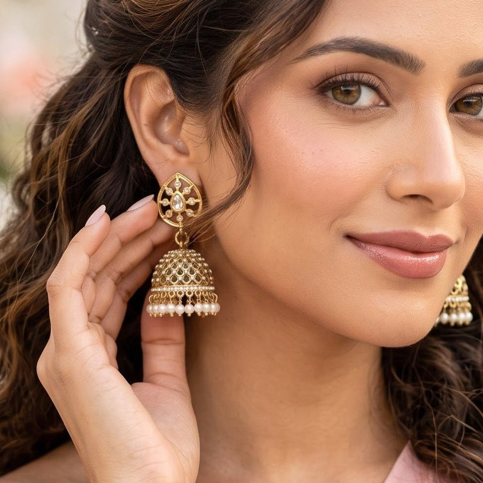 Golden Aneha Cutwork Jhumka Earrings