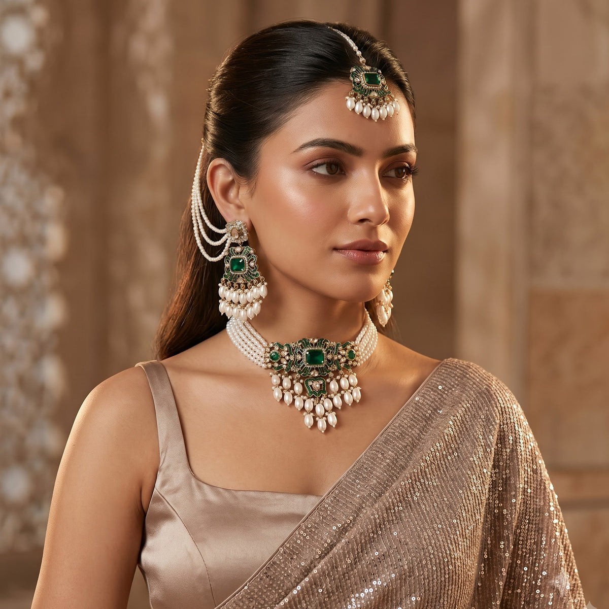 Jodha Jadau Reverse AD Necklace Set with Sahara Earrings & Teeka - Green