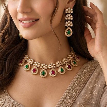 Pink & Green Snigdha Kundan Choker Necklace Set