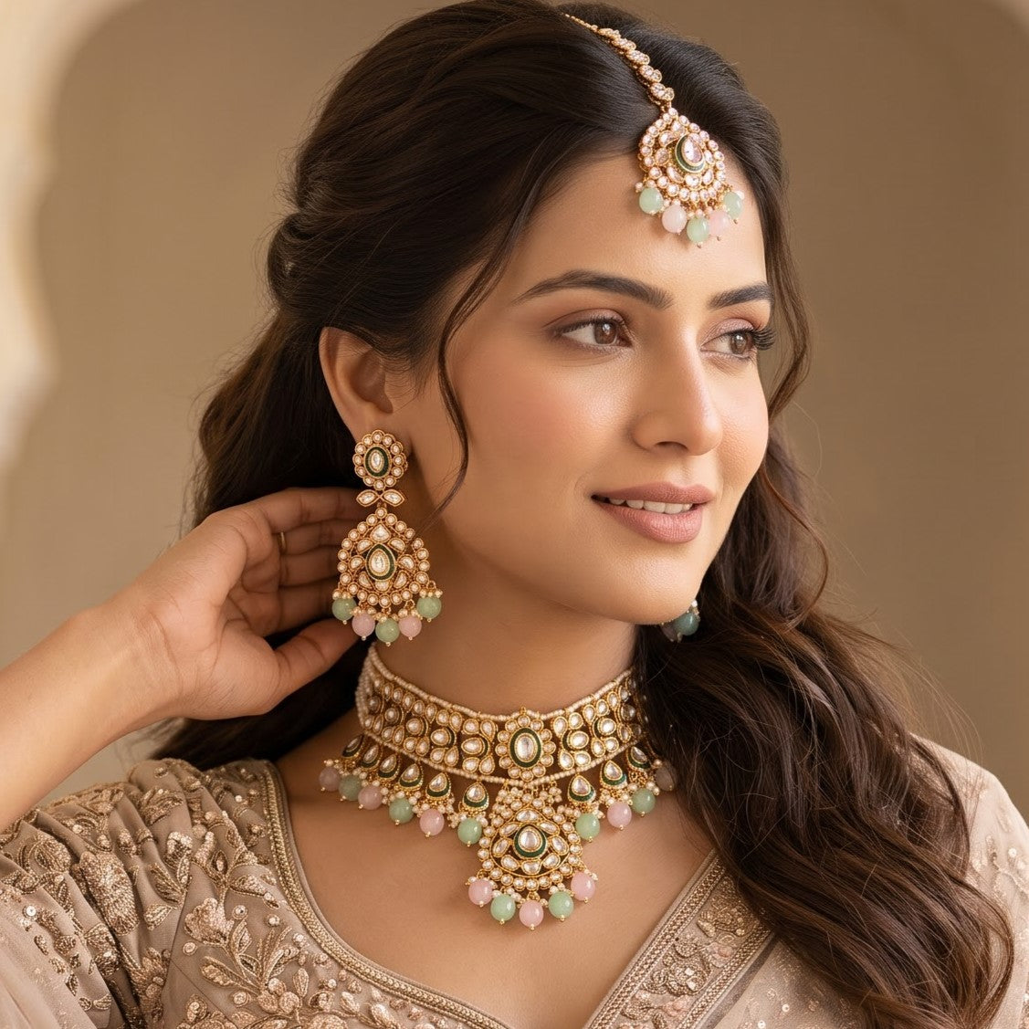Rosen premium antique gold kundan broad choker necklace set featuring linked tracks of clear dabi stones a dense cascading fringe of pastel pink and mint green quartz beads with matching tiered earrings and maang tikka