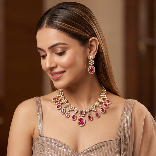 Pink Tayani Zircon Kundan Necklace Set with Earrings