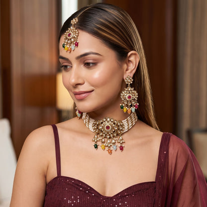 Sajal Royal Dabi Kundan Choker Necklace Set - Multi