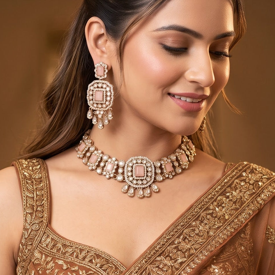 Ruhanika premium antique gold kundan broad choker necklace set featuring a segmented panel collar tracking of rectangular pastel pink quartz stones a large central rounded rectangular medallion matching tiered dropdown earrings