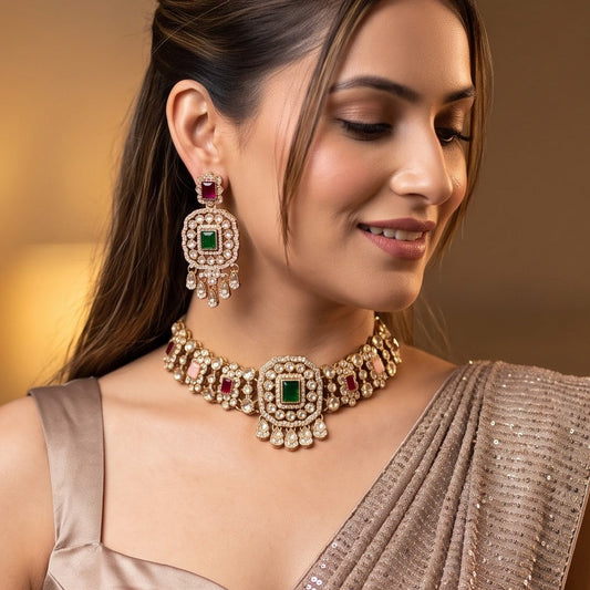 Ruhanika premium antique gold kundan broad choker necklace set featuring a segmented panel collar tracking of rectangular pastel pink quartz stones a large central rounded rectangular medallion matching tiered dropdown earrings