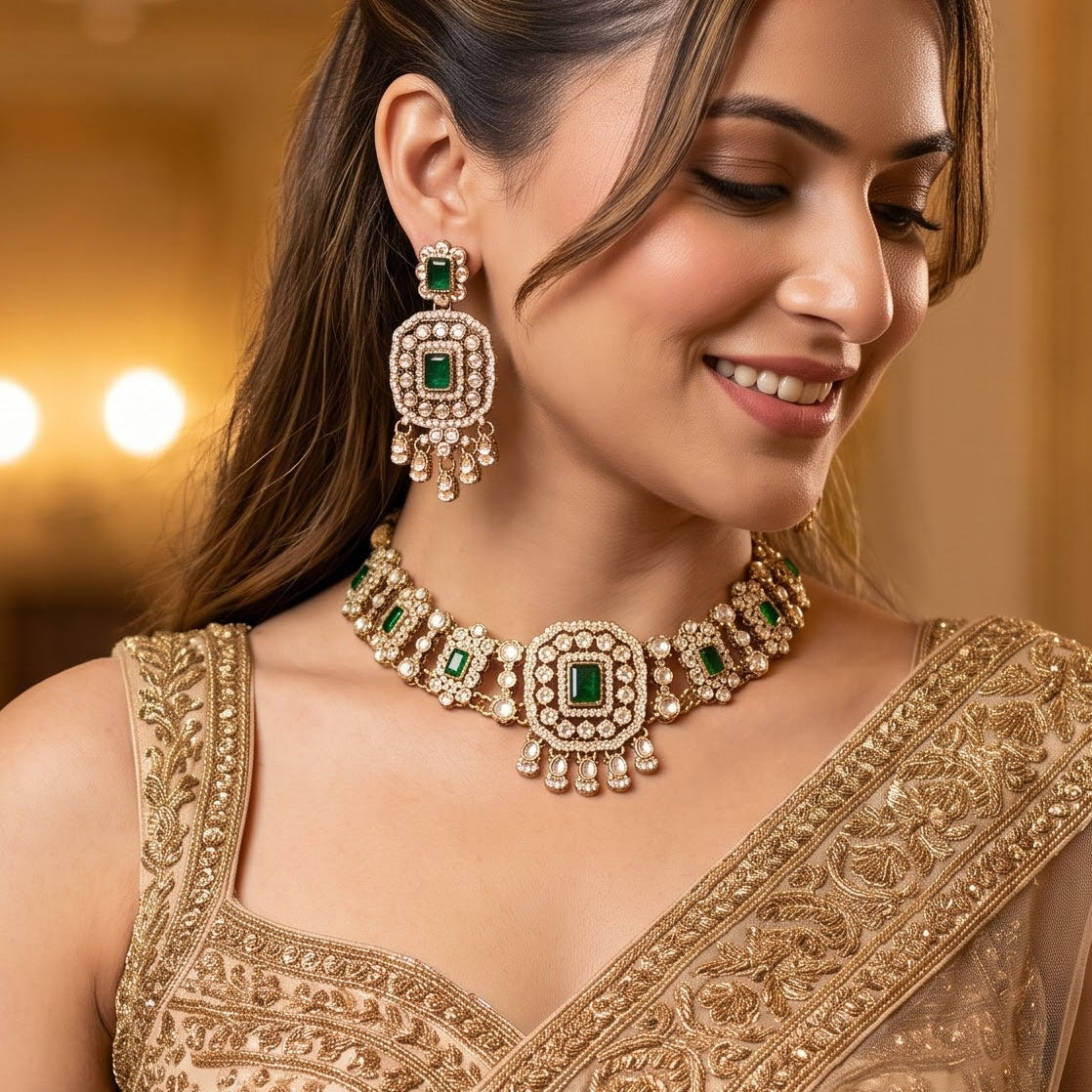 Ruhanika premium antique gold kundan broad choker necklace set featuring a segmented panel collar tracking of rectangular pastel pink quartz stones a large central rounded rectangular medallion matching tiered dropdown earrings