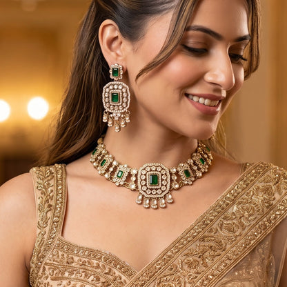 Ruhanika premium antique gold kundan broad choker necklace set featuring a segmented panel collar tracking of rectangular pastel pink quartz stones a large central rounded rectangular medallion matching tiered dropdown earrings