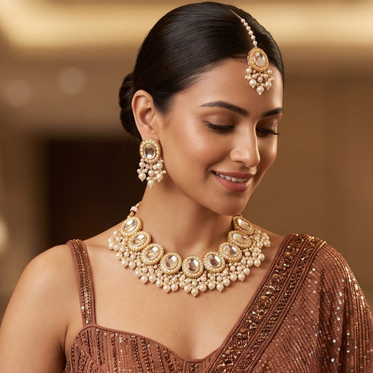 Saugaat Kundan Pearl Necklace Set with Earrings & Tika - Golden